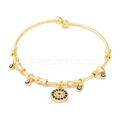 Brass Pave Clear & Black Cubic Zirconia Charm Bangles for Women, with Evil Eye Enamel, Golden, Flat Round, Inner Diameter: 2-1/8 inch(5.3cm), pendant: 12x10x2mm, 5mm(BJEW-S147-20C-G)