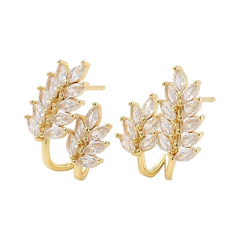 Rack Plating Leaf Brass Stud Earrings, with Clear Cubic Zirconia, Cadmium Free & Lead Free, Long-Lasting Plated, Real 18K Gold Plated, 19x15.5mm