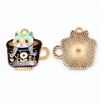 Japanese Style Print Alloy Enamel Pendants, Cup with Cat, Cadmium Free & Lead Free, Golden, Black, 22.7x22.5x1.8mm, Hole: 1.8mm