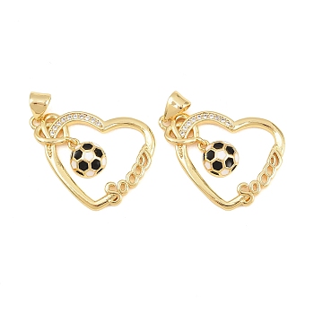 Brass Micro Pave Cubic Zirconia Pendants, with Enamel, Cadmium Free & Lead Free, Rack Plating, Long-Lasting Plated, Heart with Football Charms, Real 18K Gold Plated, 20x26x4mm, Hole: 3x5mm