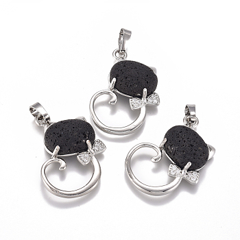 Natural Lava Rock Kitten Pendants, with Platinum Tone Brass Findings and Crystal Rhinestone, Cat with Bowknot Shape, 32x25.5x7.5mm, Hole: 4.5x7mm