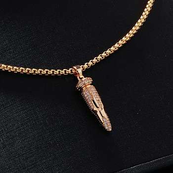 Fashionable Hip-hop Style Brass Full Crystal Rhinestone Bullet Shaped Pendant Box Chain Necklaces for Men, Golden, 23.62 inch(60cm)