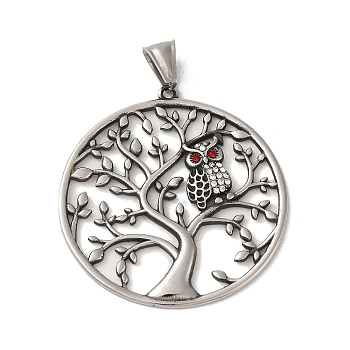 304 Stainless Steel Rhinestone Pendants, Flat Round with Tree of Life & Owl Charm, Antique Silver, 49x46x3mm, Hole: 8.5X4mm