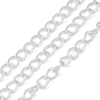 Oval Oxidation Aluminum Curb Chains, Snakeskin Textured, Unwelded, Silver, Link: 11~12x8~9x2mm, about 30 yards/roll