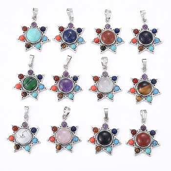 Chakra Jewelry, Natural Mixed Gemstone Pendants, with Brass Findings, Glass & Synthetic Turquoise, Natural Amethyst & Lapis Lazuli & Tiger Eye & Carnelian, Sacred Geometry, Flower, Platinum, 30~30.5x27.5x8.5~9mm, Hole: 8x5mm