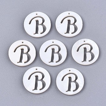 Natural Freshwater Shell Charms, Flat Round with Hollow Out Letter, Letter.B, 14.5x1.5mm, Hole: 0.9mm