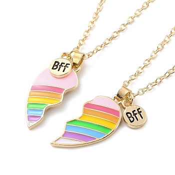 BFF/Best Friends Forever Alloy Pendant Necklaces, Valentine's Day Enamel Broken Heart Necklace, Golden, Mixed Color, 18.54 inch(47.1cm), 2.4mm, 2pcs/set