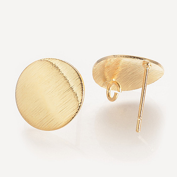 Brass Ear Stud Findings, with Loop, Flat Round, Nickel Free, Real 18K Gold Plated, 15mm, Hole: 2mm