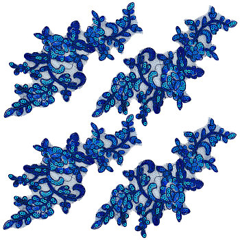 4 Pairs Leaves Polyster Embroidery Ornaments Accessories, Lace Sequins Clothing Sew on Patches, Suitable for Wedding Dress, Performance Clothes, Dark Blue, 240x100x1mm