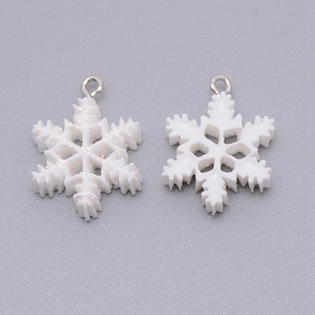Opaque Resin Pendants with Platinum Tone Iron Accessories, for Christmas, Snowflake, White, 24x17.5x5.5mm, Hole: 1.5mm
