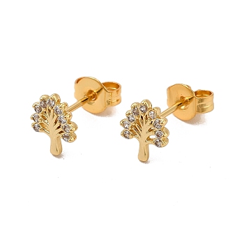 Rack Plating Brass Micro Pave Cubic Zirconia Stud Earrings, Long-Lasting Plated Tree Earring for Women, Cadmium Free & Lead Free, Real 18K Gold Plated, 7.5x6mm, Pin: 0.8mm