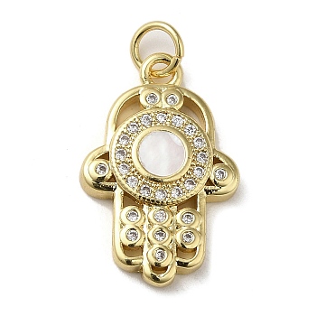 Brass Micro Pave Cubic Zirconia Pendants, with Shell, Hamsa Hand, Real 18K Gold Plated, 21x13.5x3.5mm, Hole: 3.4mm