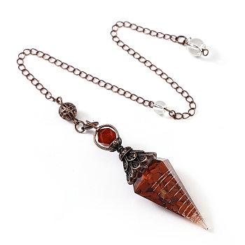 Natural Tourmaline & Resin Hexagonal Pointed Dowsing Pendulums, Cone, Red Copper, 250mm