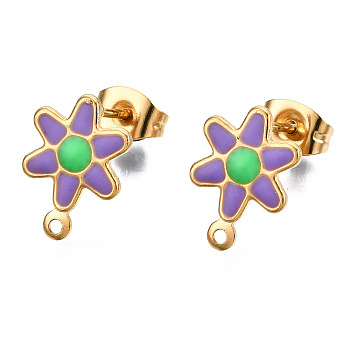 304 Stainless Steel Enamel Stud Earring Findings, with Loop and Ear Nuts/Earring Backs, Flower, Medium Orchid, 12.5x9mm, Hole: 1mm, Pin: 0.8mm