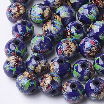 Printed & Spray Painted Glass Beads, Round with Flower Pattern, Blue, 10~10.5x9.5mm, Hole: 1.6mm