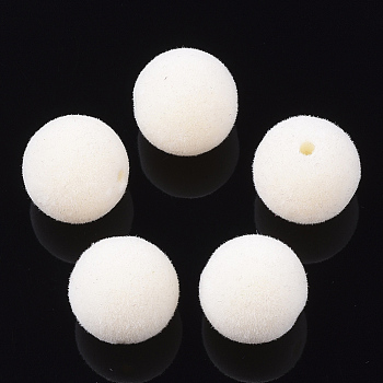 Flocky Acrylic Beads, Round, Creamy White, 16x15.5~16mm, Hole: 2mm
