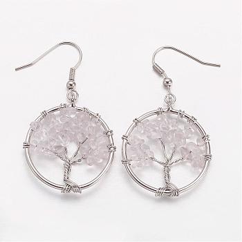 Dangle Earrings, with Natural Quartz Crystal Beads and Brass Hooks, Ring with Tree of Life, 50mm, Pin: 0.6mm