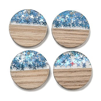 Wooden Pendants, Resin and Gold Foil, Flat Round, Deep Sky Blue, 28x4mm, Hole: 2mm