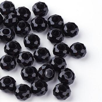Glass European Beads, Large Hole Beads, No Metal Core, Rondelle, Black, 14x8mm, Hole: 5mm