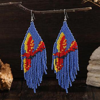 Bohemian Style Tassel Dangle Earrings, with Handmade Glass Beads, Blue, 116x32mm