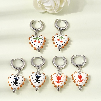 Brass Hoop Dangle Earrings, Heart with Flower Pattern, with Porcelain, Lead Free & Cadmium Free, Rack Plating, Long-Lasting Plated, Platinum, Mixed Color, 40~41x17mm