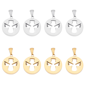 304 Stainless Steel Pendants, Hollow, Manual Polishing, Flat Round with Angel, Golden & Stainless Steel Color, 20x17.5x3.5mm, Hole: 3x6mm, 2 colors, 4pcs/color, 8pcs/box