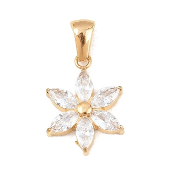 316 Surgical Stainless Steel & Clear Cubic Zirconia Pendants, Flower Charms, PVD Vacuum Plating, Real 18K Gold Plated, 18x13.5x3.5mm, Hole: 5.5mm