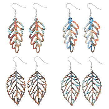 4 Pairs 4 Style Wood Hollow Leaf Dangle Earrings, Long Drop Earrings with Iron Pins, Mixed Color, 72x23~27mm, 1 pair/style