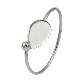 304 Stainless Steel Blank Bangle Bases with Teardrop Tray, End of 201 Stainless Steel Round Beads, Stainless Steel Color, Inner Diameter: 2-1/8x1-3/4 inch(5.4x4.4cm), Tray: 25x18mm