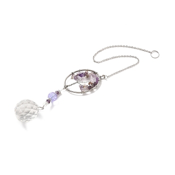 Amethyst Pendant Decoration, Hanging Suncatcher, with Stainless Steel Rings and Oval Alloy Frame, Teardrop, Purple, 385x2mm, Hole: 10mm