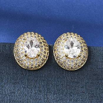Oval Brass Clear Cubic Zirconia Stud Earrings for Women, Golden, 17.5x15.5mm