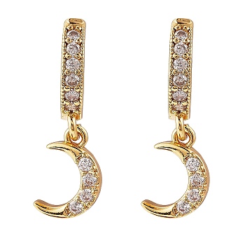Clear Cubic Zirconia Crescent Moon Dangle Huggie Hoop Earrings, Brass Jewelry for Women, Golden, 25mm, Pin: 0.9mm