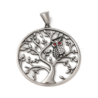 Antique Silver Flat Round Stainless Steel+Rhinestone Pendants