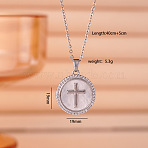 Brass Micro Pave Clear Cubic Zirconia Flat Round Cross Pendant Necklaces for Women, with Natural Shell, Silver, 15.75 inch(40cm)(FS-WG5A333-01)