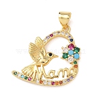 Mother's Day Charms Brass Micro Pave Colorful Cubic Zirconia Pendants, Bird with Word Mama Charms, Golden, 23x21x3.5mm, Hole: 4x2.5mm(KK-B185-01G-06)