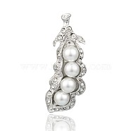 Platinum Plated Pea Alloy Rhinestone Big Pendants, with Acrylic Pearl Beads, White, 62x33x10mm, Hole: 3x7mm(PALLOY-J565-01P)