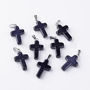 Synthetic Blue Goldstone Pendants, Dyed, with Brass Pinch Bails, Platinum Plated, Cross, 23.5~28x15~18x4mm, Hole: 3x6mm(G-J354-03)