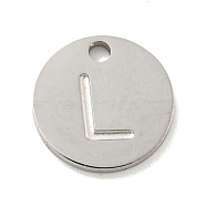 Non-Tarnish 304 Stainless Steel Pendants, Laser Cut, Flat Round with Letter Charm, Stainless Steel Color, Letter L, 10x1mm, Hole: 1.4mm(FIND-M017-02P-L)