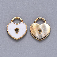 Alloy Enamel Charms, Heart Lock, Light Gold, White, 13x11x1.5mm, Hole: 3x4mm(X-ENAM-S121-039C)