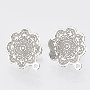 304 Stainless Steel Stud Earring Findings, with Loop, Flower, Stainless Steel Color, 17.5x15mm, Hole: 1mm, pin: 0.7mm(X-STAS-S079-39B)