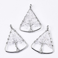 Natural Quartz Crystal Big Pendants, Wire Wrapped Pendants, with Brass Wires, Triangle & Tree, Platinum, 40x30.5x5~10mm, Hole: 4.5mm(G-T133-P03J)