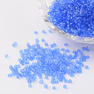 12/0 Glass Seed Beads, Transparent, Round, Light Blue, 2mm, Hole: 1mm, about 3100pcs/50g(X-SEED-A004-2mm-6)