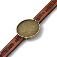 Alloy Flat Round Link Bracelet Settings fit for Cabochons, with Feather Pattern PU Leather Cords, Antique Bronze, 8 inch(20.3cm), Tray: 24.5x24.5mm(FIND-M009-02AB)