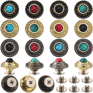 24 Sets 12 Style Alloy Buttons, with Synthetic Turquoise and Screws, DIY Accessaries, Flat Round with Flower, Mixed Color, Botton: 12x8.5mm, Hole: 2.2mm, Screw: 7x3.5mm, 2 sets/color(FIND-CP0001-87)