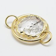 Natural Quartz Crystal Links connectors, with Jump Rings and Brass Findings, Flat Round, Golden, 30x6~8mm, Hole: 8mm(G-E371-06G)