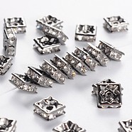 Brass Rhinestone Spacer Beads, Grade A, Nickel Free, Gunmetal, Square, Crystal, 6x6x3mm, Hole: 1mm(RB-A013-6x6-01B-NF)
