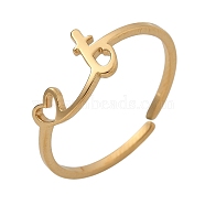 304 Stainless Steel Cuff Rings for Women, Heart with LetterA~Z, Real 18K Gold Plated, Letter T, 7mm, inner diameter: adjustable.(RJEW-D285-01G-T)