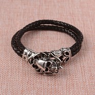 Braided Leather Cord Bracelets, Multi-strand Bracelets, with 316 Stainless Steel Skull Clasps, Antique Silver, Black, 9-1/8 inch(23.3cm)(BJEW-L605-35)