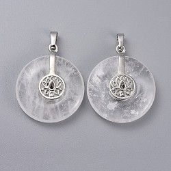 Natural Quartz Crystal Pendants, Rock Crystal Pendants, with Platinum Tone Brass Findings, Donut/Pi Disc with Lotus, 35.5x30x8.5~9.5mm, Hole: 4.5x6.5mm(G-F640-B01)