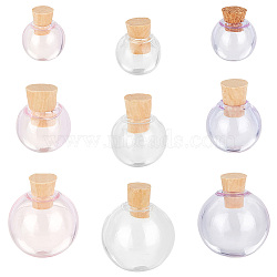 Elite 9 Sets 9 Style Transparent Glass Bottles Pendants Small DIY Bottles with Cork, Round, Mixed Color, 10~16x11~17mm, Inner Diameter: 3~4.5mm, 1 set/style(AJEW-PH0011-15)